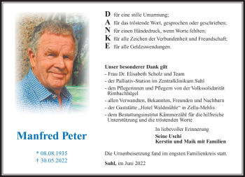 Traueranzeige von Manfred Peter von Südthüringer Presse
