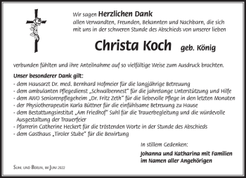 Traueranzeige von Christa Koch von Südthüringer Presse