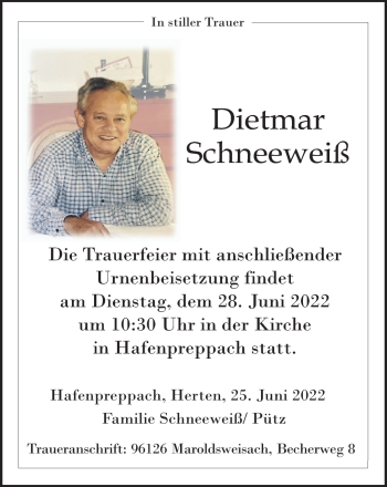 Traueranzeige von Dietmar Schneeweiß von Neue Presse Coburg