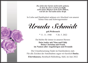 Traueranzeige von Ursula Schmidt von Südthüringer Presse