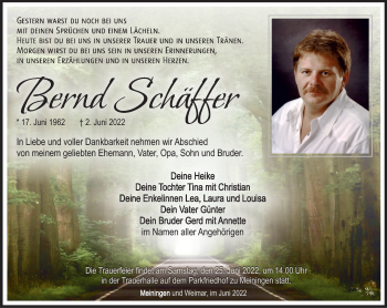Traueranzeige von Bernd Schäffer von Südthüringer Presse