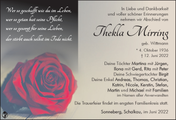 Traueranzeige von Thekla Mirring von Südthüringer Presse