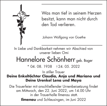 Traueranzeige von Hannelore Schönherr von Südthüringer Presse