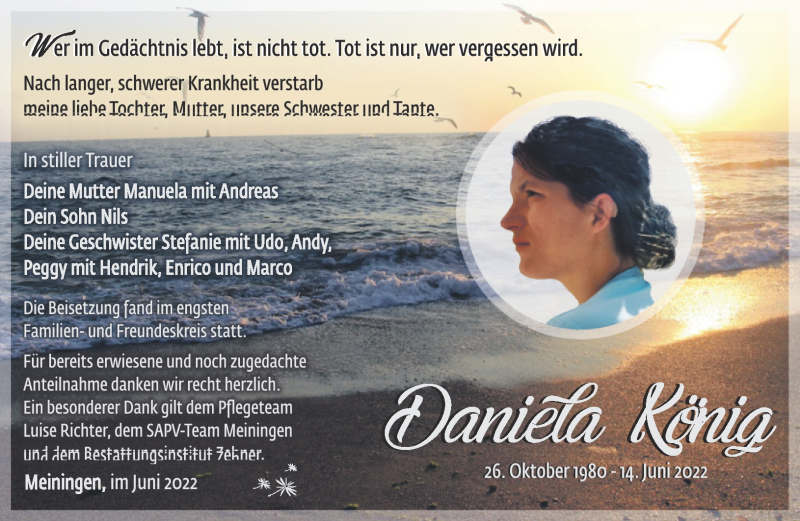  Traueranzeige für Daniela König vom 25.06.2022 aus Südthüringer Presse