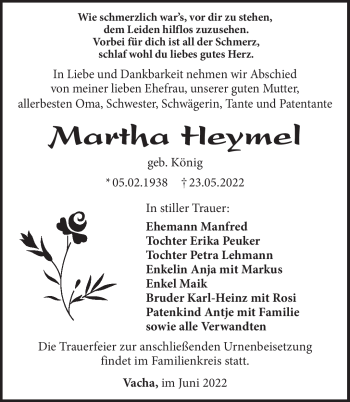 Traueranzeige von Martha Heymel von Südthüringer Presse