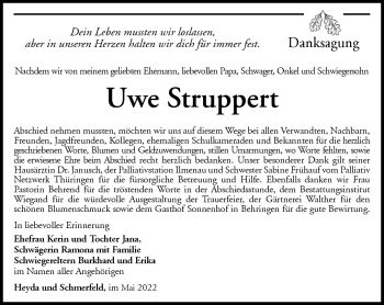 Traueranzeige von Uwe Struppert von Südthüringer Presse