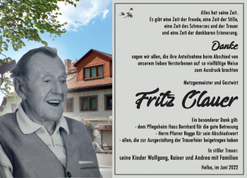 Traueranzeige von Fritz Clauer von Südthüringer Presse