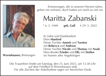 Traueranzeige von Maritta Zabanski von Neue Presse Coburg