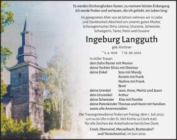 Traueranzeige von Ingeburg Langguth von Südthüringer Presse