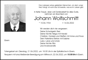 Traueranzeige von Johann Wolfschmitt von Neue Presse Coburg