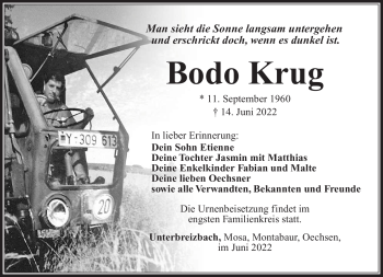Traueranzeige von Bodo Krug von Südthüringer Presse