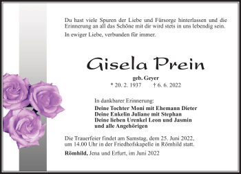 Traueranzeige von Gisela Prein von Südthüringer Presse
