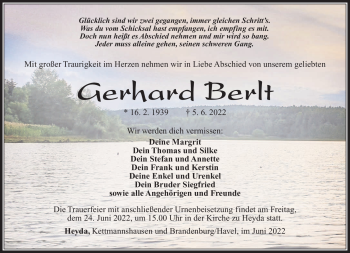 Traueranzeige von Gerhard Berlt von Südthüringer Presse