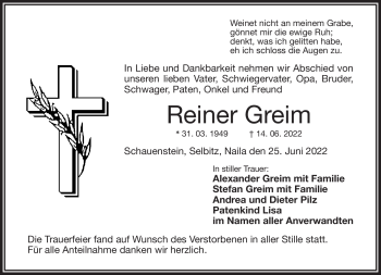 Traueranzeige von Reiner Greim von Frankenpost