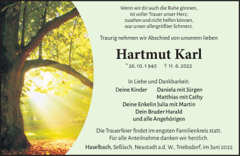 Traueranzeige von Hartmut Karl von Südthüringer Presse