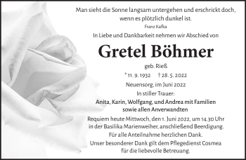 Traueranzeige von Gretel Böhmer von Frankenpost