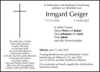 Traueranzeige von Irmgard Geiger von Neue Presse Coburg