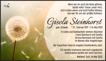 Traueranzeige von Gisela Steinhorst von Südthüringer Presse