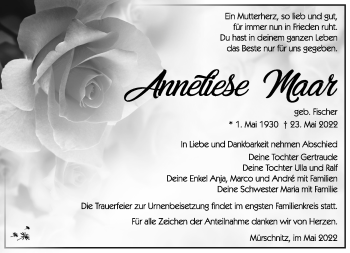 Traueranzeige von Anneliese Maar von Südthüringer Presse