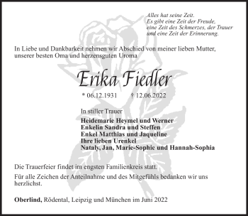 Traueranzeige von Erika Fiedler von Südthüringer Presse