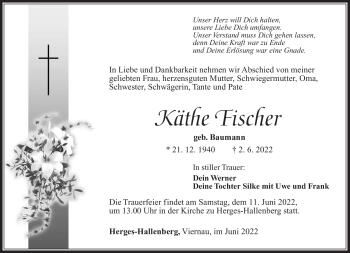 Traueranzeige von Käthe Fischer von Südthüringer Presse
