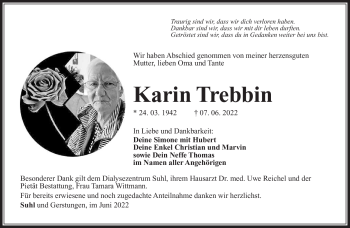 Traueranzeige von Karin Trebbin von Südthüringer Presse