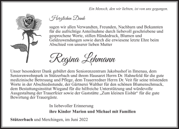 Traueranzeige von Regina Lehmann von Südthüringer Presse
