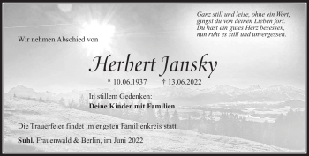 Traueranzeige von Herbert Jansky von Südthüringer Presse