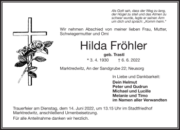 Traueranzeige von Hilda Fröhler von Frankenpost