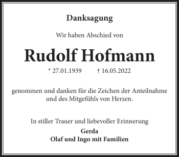 Traueranzeige von Rudolf Hofmann von Südthüringer Presse