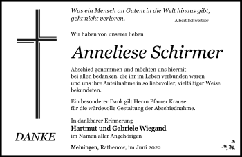 Traueranzeige von Anneliese Schirmer von Südthüringer Presse