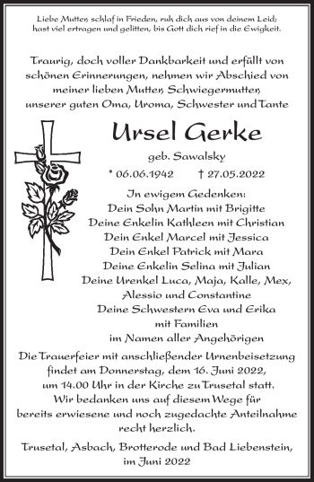 Traueranzeige von Ursel Gerke von Südthüringer Presse