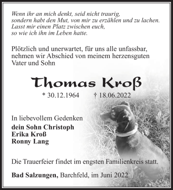 Traueranzeige von Thomas Kroß von Südthüringer Presse
