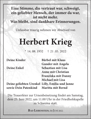 Traueranzeige von Herbert Krieg von Südthüringer Presse