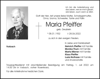 Traueranzeige von Maria Pfeiffer von Neue Presse Coburg