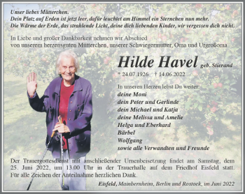 Traueranzeige von Hilde Havel von Südthüringer Presse