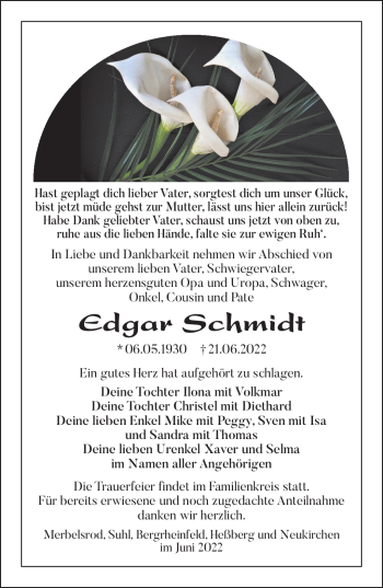 Traueranzeige von Edgar Schmidt von Südthüringer Presse