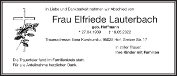 Traueranzeige von Elfriede Lauterbach von Frankenpost