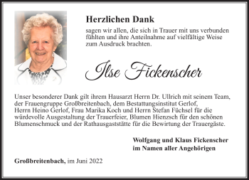 Traueranzeige von Ilse Fickenscher von Südthüringer Presse
