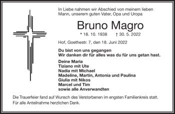 Traueranzeige von Bruno Magro von Frankenpost