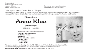 Traueranzeige von Anne Klee von Südthüringer Presse