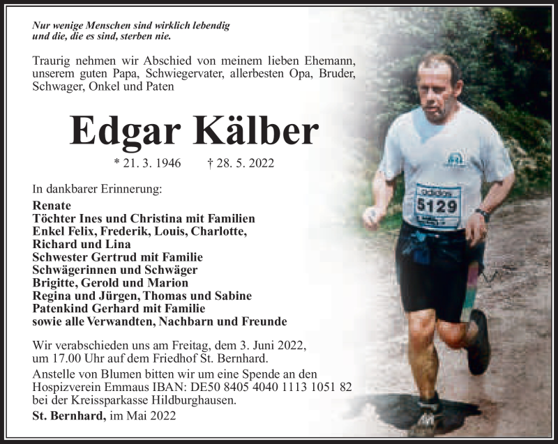  Traueranzeige für Edgar Kälber vom 01.06.2022 aus Südthüringer Presse