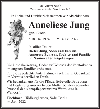 Traueranzeige von Anneliese Jung von Südthüringer Presse