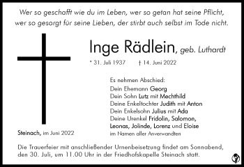 Traueranzeige von Inge Rädlein von Südthüringer Presse