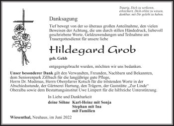 Traueranzeige von Hildegard Grob von Südthüringer Presse