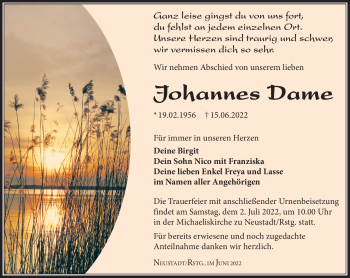 Traueranzeige von Johannes Dame von Südthüringer Presse