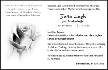 Traueranzeige von Jutta Leyh von Südthüringer Presse