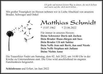 Traueranzeige von Matthias Schmidt von Südthüringer Presse