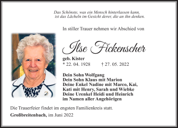 Traueranzeige von Ilse Fisckenscher von Südthüringer Presse
