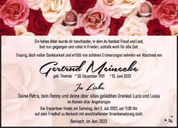 Traueranzeige von Gertrud Meinecke von Südthüringer Presse